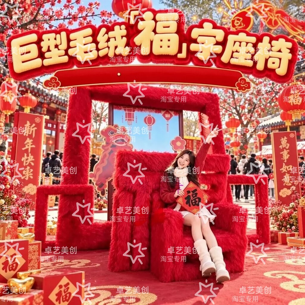 定制新年毛绒福字打卡框座椅美陈图片