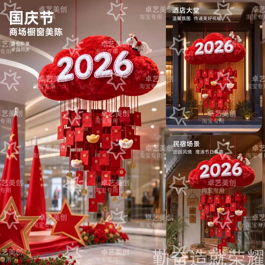 国庆新年毛绒云朵橱窗美陈摆件
