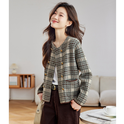 2025新款春秋季女装圆领格子外套短款今年流行爆款小香风毛呢上衣