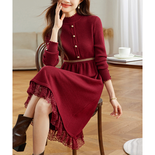 2025新款针织打底连衣裙女士秋冬配大衣红色内搭中长款蕾丝毛衣裙