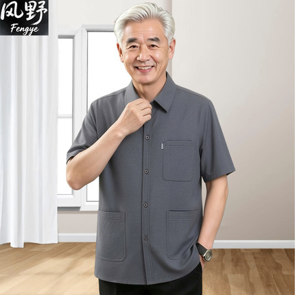 中老年男士夏季短袖套装爸爸夏装薄款衬衣80岁爷爷老人休闲中山装