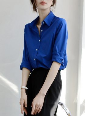 TRR 扎进裤子穿很好看宝石蓝长袖宽松衬衫单排扣翻领衬衣上衣chic