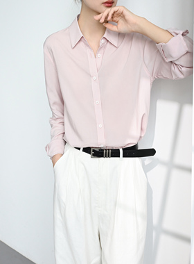 Trr Style 淡淡粉正肩微宽松长袖衬衫女chic气质减龄翻领上衣轻柔