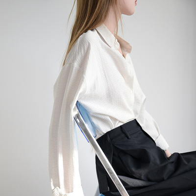 Trr慵懒宽松长袖衬衫女横条纹ol