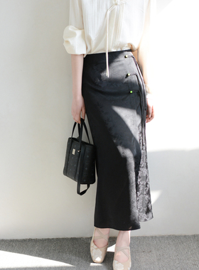 TRR style提花新中式旗袍盘扣轻国风半身裙黑色开叉 女高腰长裙子