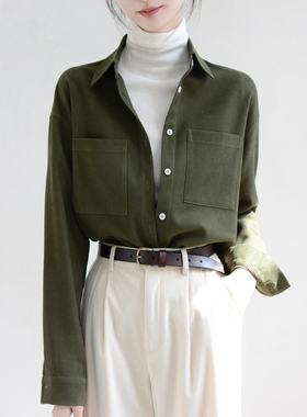TRR 法式复古时髦叠穿设计感上衣军工chic宽松长袖衬衣磨毛女衬衫