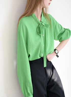 TRR 一眼心动 青春翠绿系带小女生减龄条纹衬衫 上衣长袖微宽松