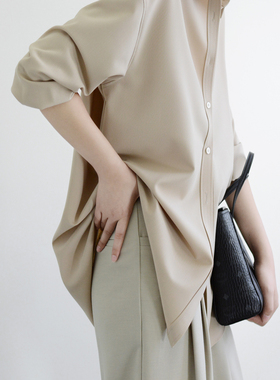 TRR 流畅利落垂感十足宽松长袖衬衫女中长杏色厚实入秋上衣衬衣女