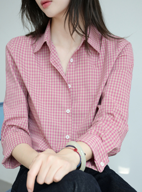 Trr style好显温柔 尽显气质 粉粉格子衬衫女 长袖微宽松显瘦上衣