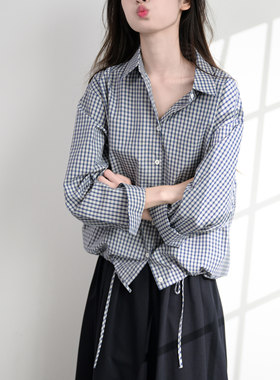 TRR老钱风格子宽松衬衫女设计感