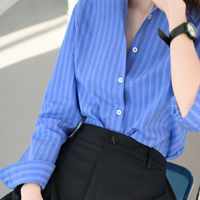 Trr纯净蓝竖条纹长袖衬衫女通勤