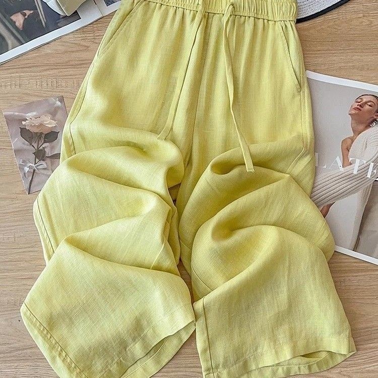 2025新款高腰天丝亚麻黄色棉麻阔腿裤女夏季薄款垂坠感九分直筒裤