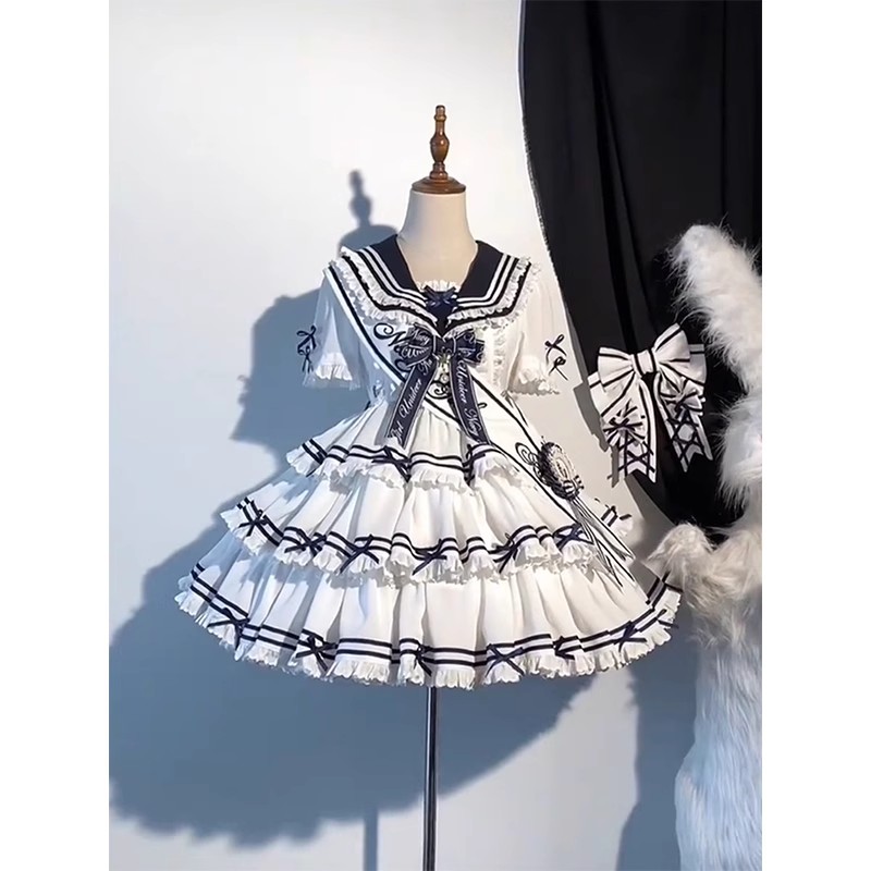 白色海军风小香风三段式lolita裙op绶带徽章可爱公主裙洛丽塔甜美