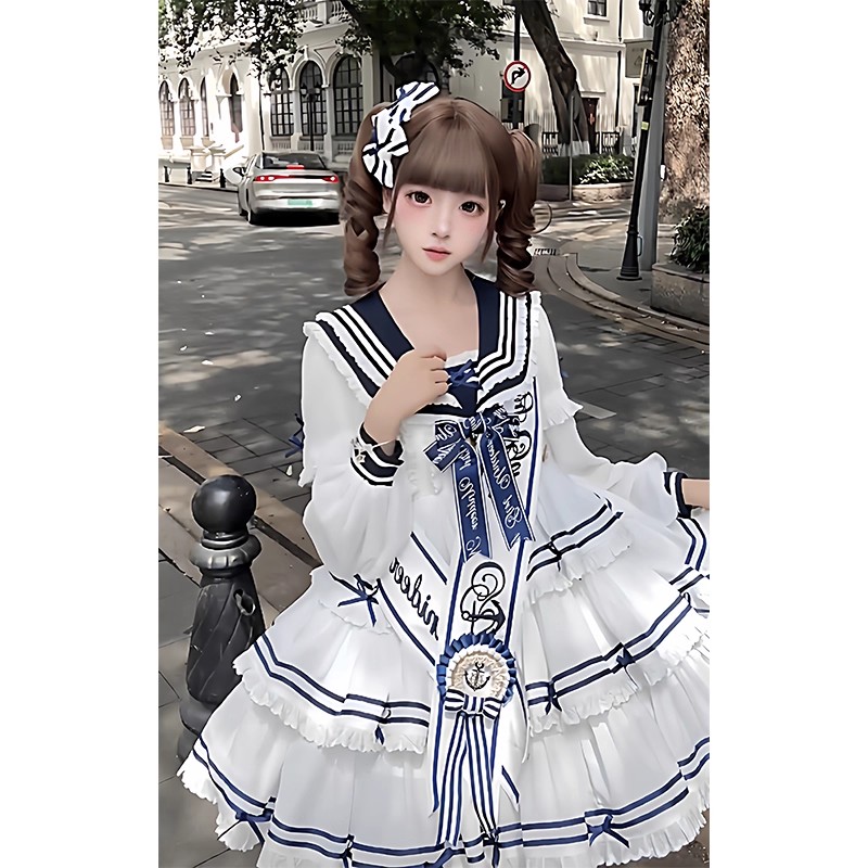白色海军风三段式lolita裙绶带洛丽塔可爱甜美学院风公主裙洋装