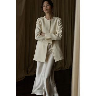 commuse memory 桑蚕丝羊毛 JI简修身中长款圆领纯色西装外套