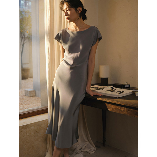 commuse memory『静水流步』优雅温柔气质小飞袖真丝连衣裙女长裙