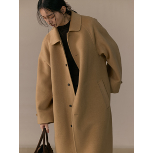 commuse memory 秋冬经典气质驼色10%羊绒小翻领中长款双面尼大衣