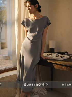 commuse memory『静水流步』优雅温柔气质小飞袖真丝连衣裙女长裙