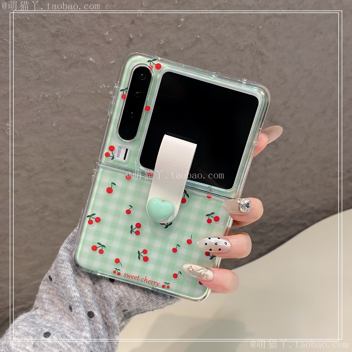 ins风樱桃小格纹适用华为puraX手机壳pocket2少女心小米mixflip2车厘子荣耀magicvflip2透明三星zflip7指环扣