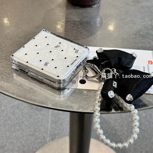 7时尚 女 华为purax折叠屏p50pocket2创意蝴蝶结手提链三星zflip5 黑爱心贝壳纹适用小米mixflip2手机壳新款