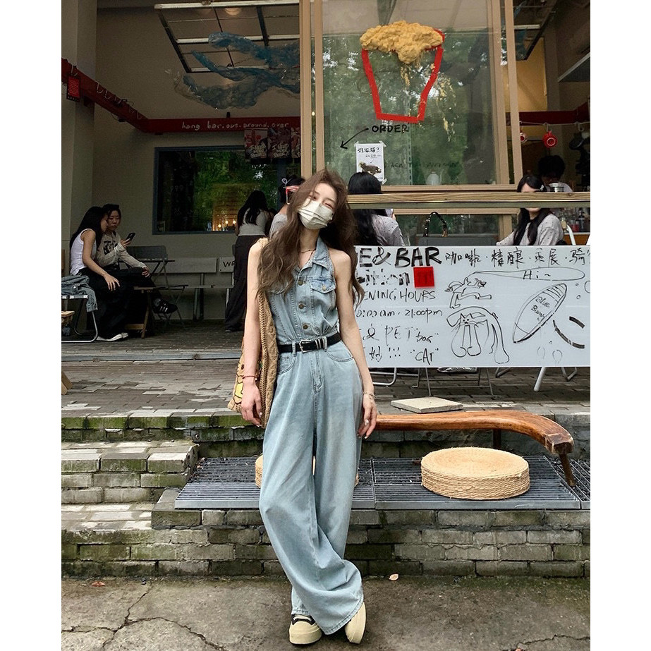 复古无袖牛仔连体裤女