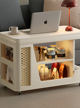 白色小茶几实木侧边桌奶油风升降茶几小户型客厅阳台可移动边柜