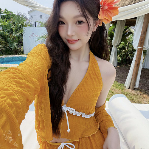 Nazal姜黄微胖mm大码泳衣女分体四件套度假遮肚显瘦防晒温泉泳装