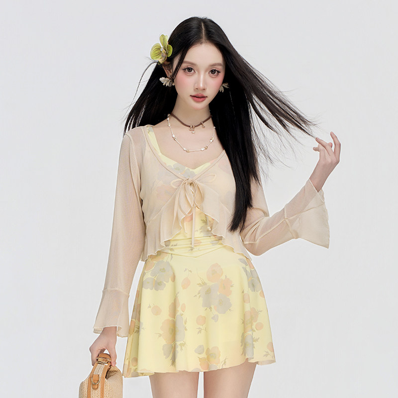 Nazal碎花 微胖女孩泳衣女大码胖mm泡温泉裙式连体保守遮肚显瘦