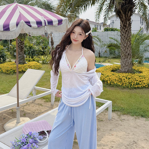 Nazal微胖mm大码泳衣女分体比基尼四件套度假遮肚显瘦防晒长裤