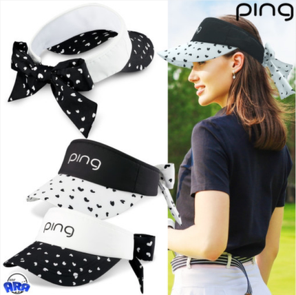韩国代购Ping春夏女式高尔夫心形蝴蝶结丝带宽边拼色无顶遮阳帽