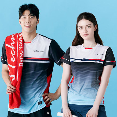 韩国代购直邮TECHNIST羽毛球服折扣男女拼色横条时尚短袖速干T恤