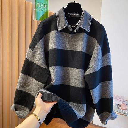 条纹加肥加大牛仔领假两件百搭毛衣外套男秋冬显瘦宽松针织衫上衣