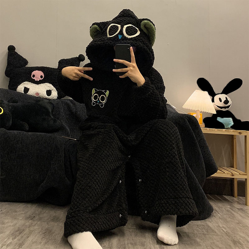 罗小黑连体睡衣情侣厚男女珊瑚绒