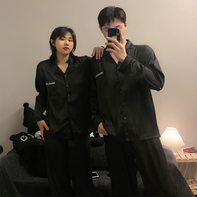 纯色睡衣长袖简约套装男女士冰丝