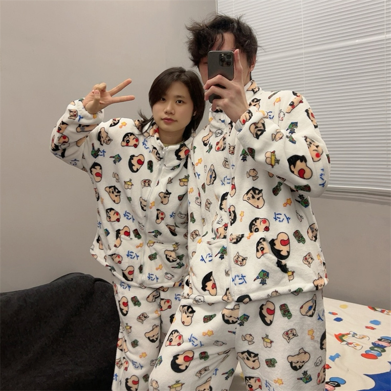 蜡笔小新情侣睡衣男女款秋冬季加厚加绒法兰绒可爱保暖珊瑚绒套装