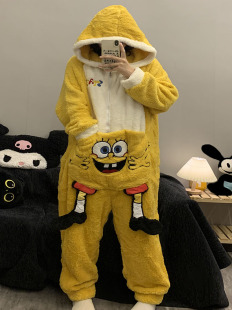海绵宝宝秋冬季连体睡衣女加绒加厚珊瑚绒可爱卡通家居服男士大码
