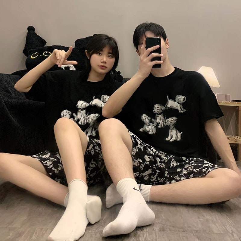 黑色小狗情侣睡衣夏季男女士纯棉