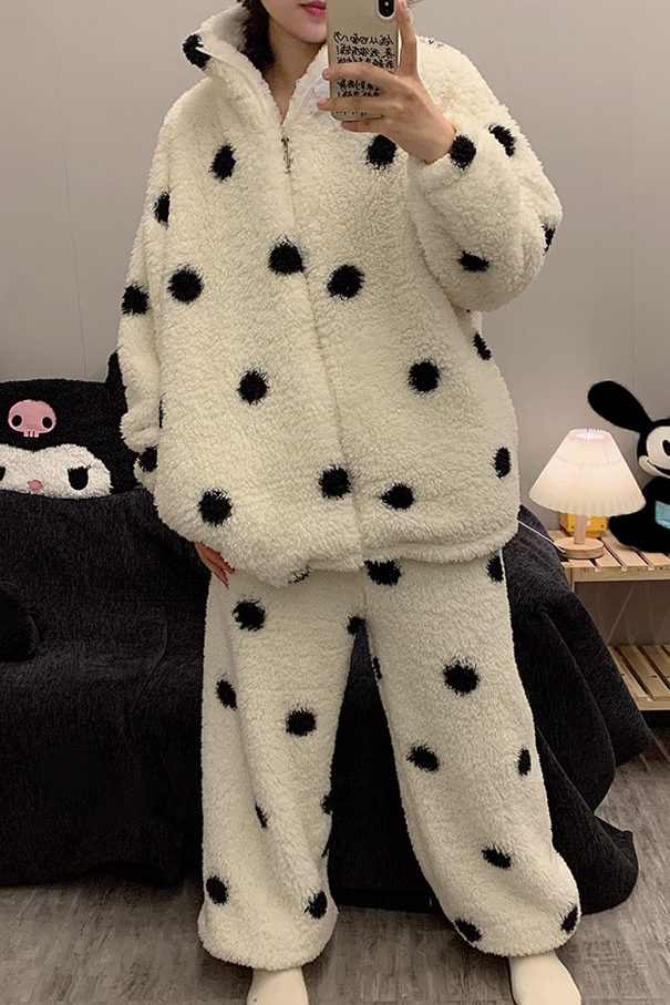波点睡衣冬季加厚情侣男女珊瑚绒