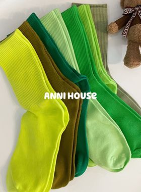 绿色袜子女薄纯棉秋冬荧光长筒ins绿高筒长袜运动彩色冬季中筒潮