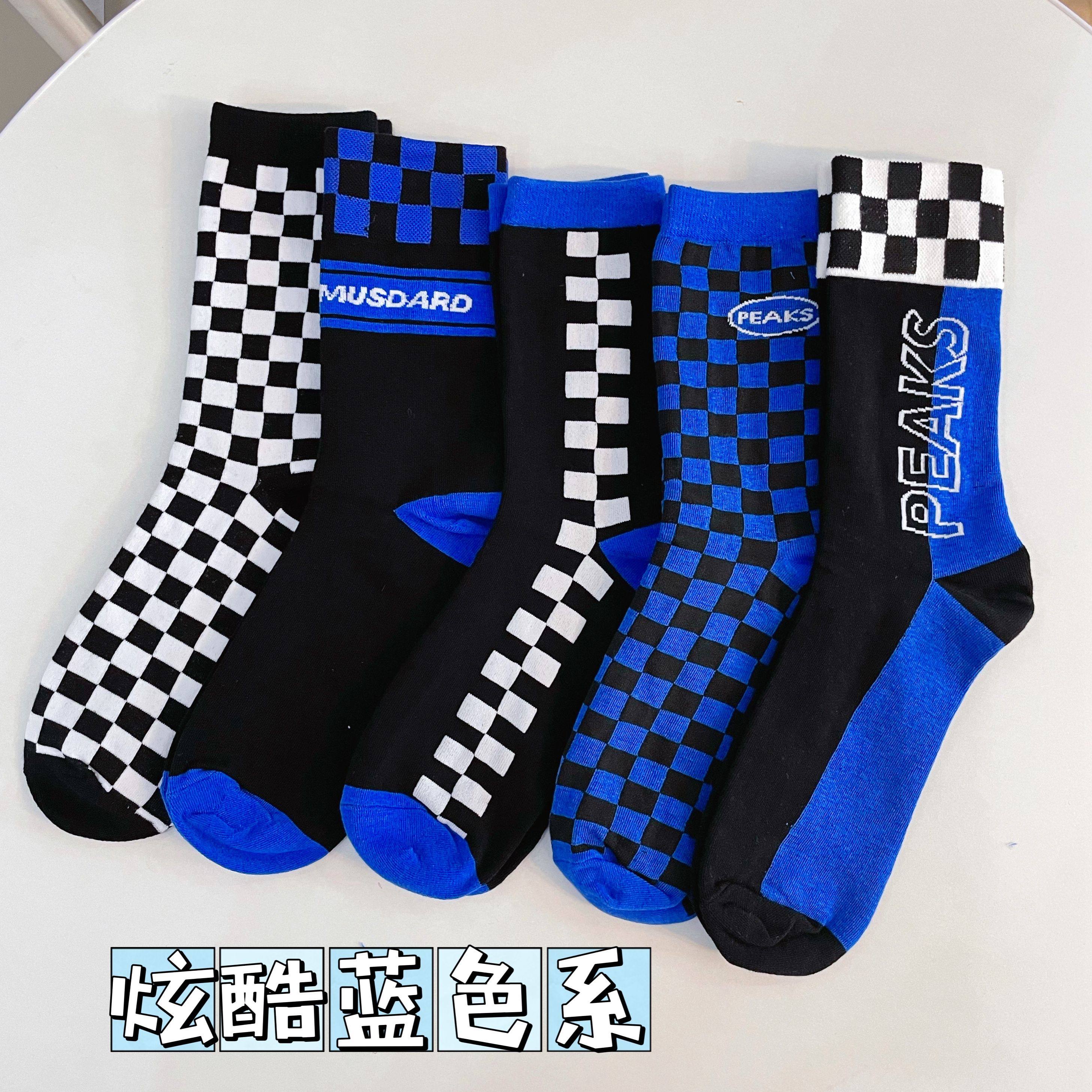 蓝色棋盘格袜子中筒纯棉夏季薄款外穿网红学生韩版ins潮格子长筒