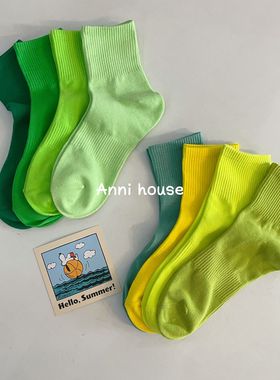 彩色女夏季薄绿色运动袜子女款中筒男款短袜ins男纯棉荧光多巴胺