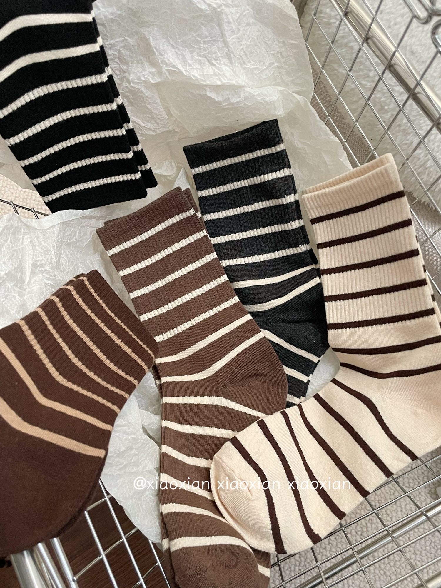 条纹中筒女袜精梳棉秋冬