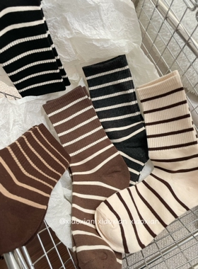 女士条纹袜子日系韩国女春款纯棉中筒袜春秋长筒运动学生长袜秋款