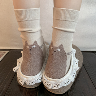 小猫袜子女款秋冬百搭搭配勃肯鞋中筒加绒保暖冬季长筒可爱甜美