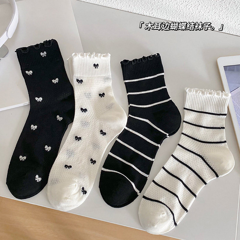 木耳边袜子夏天女夏季薄款中筒蝴蝶结芭蕾风网眼花边堆堆袜条纹,女士内衣/男士内衣/家居服,中筒袜,淘宝优惠券,粉丝福利购,淘宝优惠卷