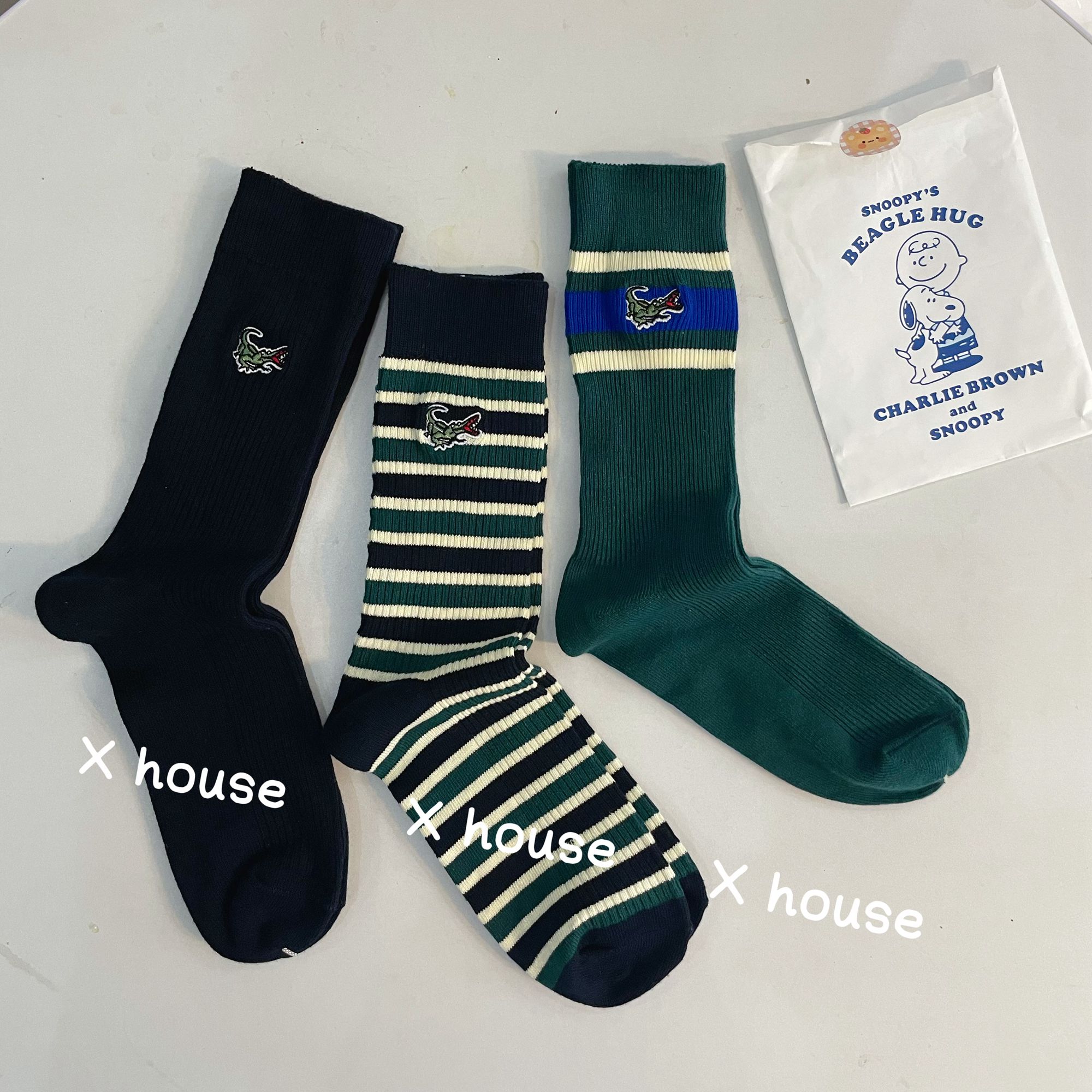 卡通刺绣双针纯棉中筒绿色日系