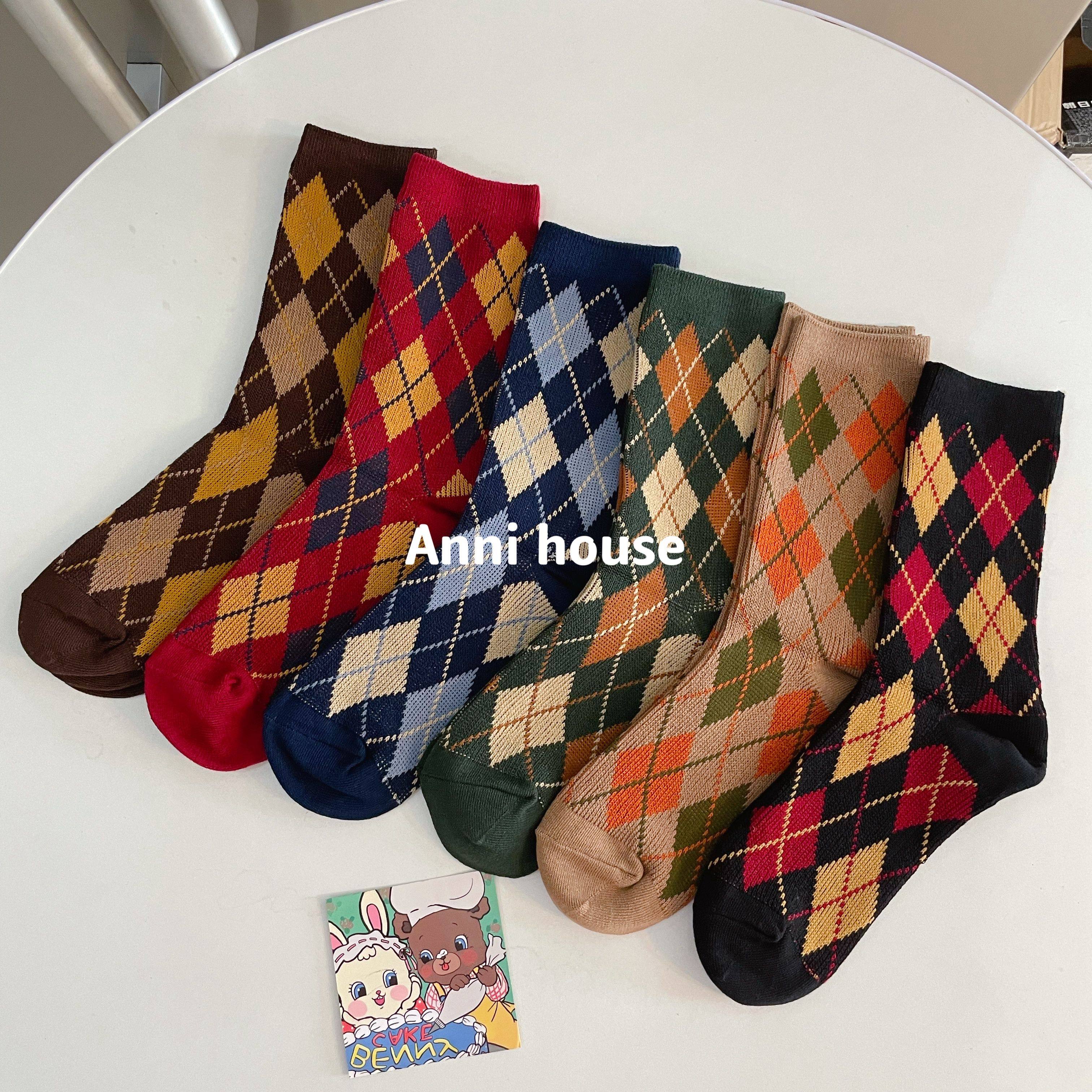 女士双针双路抗起球秋冬菱形格纹复古风大红色纯棉女袜英伦风,女士内衣/男士内衣/家居服,中筒袜,淘宝优惠券,粉丝福利购,淘宝优惠卷