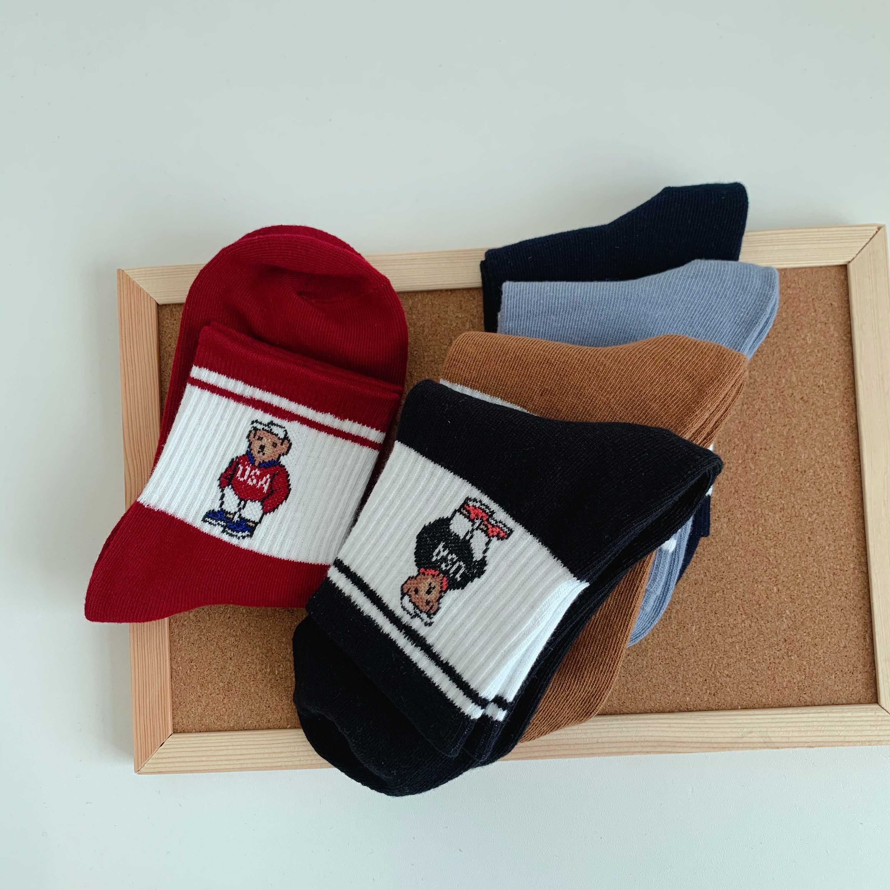 小熊刺绣袜子女纯棉条纹日系可爱卡通韩国秋冬字母中筒袜ins潮