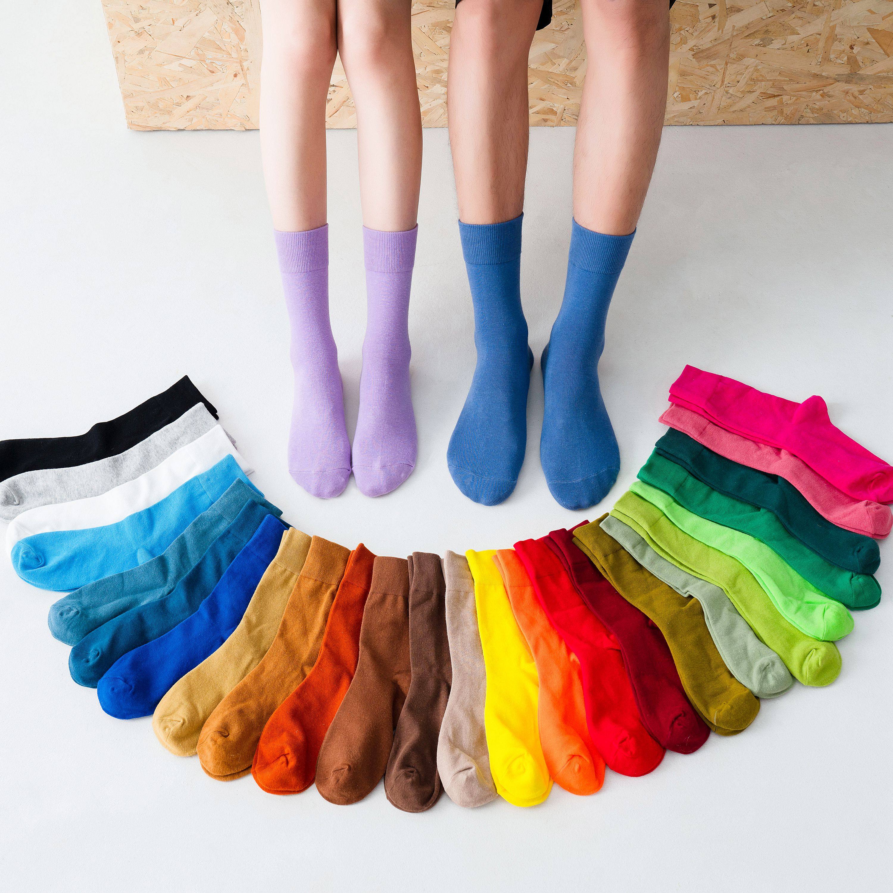 彩色袜子女薄款糖果色长筒中筒纯色夏季宝蓝潮堆堆蓝色纯棉ins