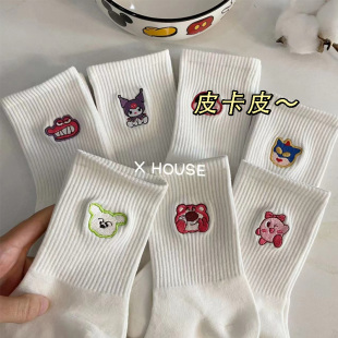 春秋纯棉中筒卡通刺绣可爱搞怪长筒 薄款 袜子女长袜白色夏季 女款